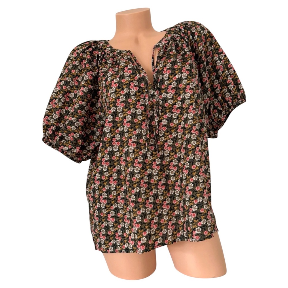LOFT Olive Green Floral Puff Sleeve Split Tie Neck Cotton Blouse‎ Size Medium